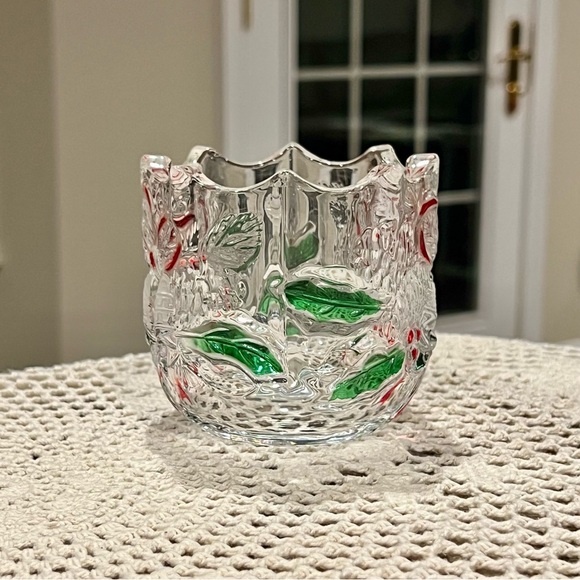 Mikasa Holiday Bells Crystal Votive Candle Holder Frosted Bells Ribbons Holly - Picture 2 of 4